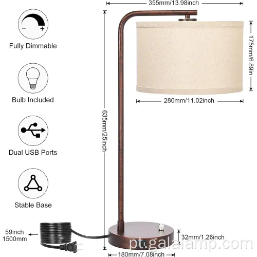 Lâmpada de cabeceira de carregamento USB moderno com sombra de linho
